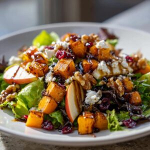 A vibrant Fall Harvest Salad featuring butternut squash, apples, cranberries, walnuts, goat cheese, and a balsamic vinaigrette.