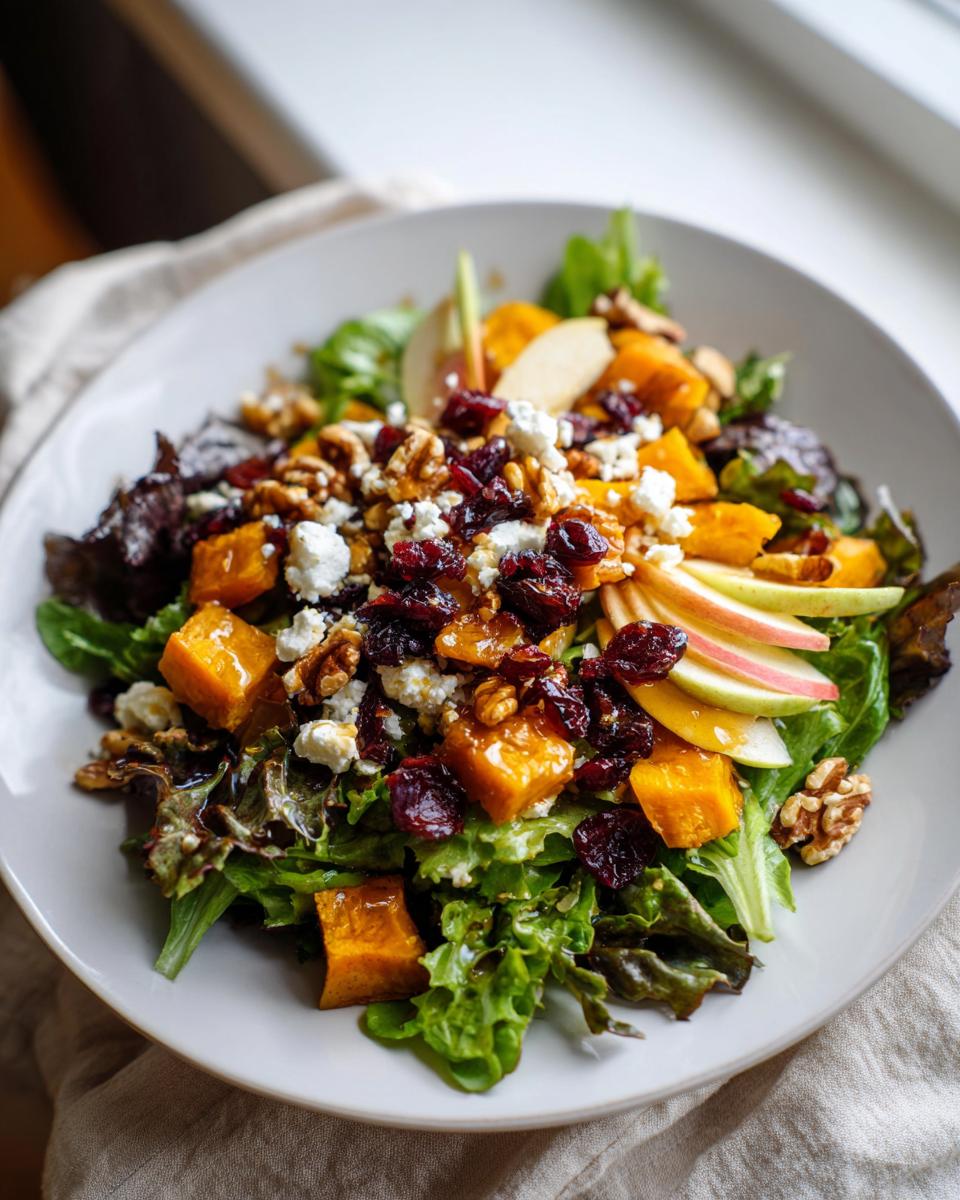 Overhead view of a vibrant Fall Harvest Salad with butternut squash, cranberries, apples, walnuts, and feta cheese.