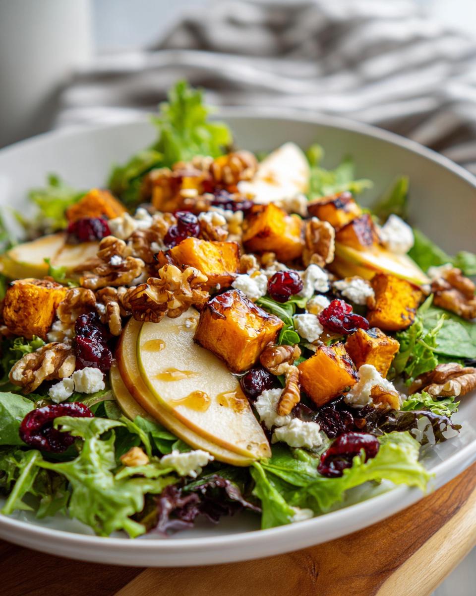 A vibrant Fall Harvest Salad featuring butternut squash, apples, cranberries, walnuts, and goat cheese on a bed of mixed greens.