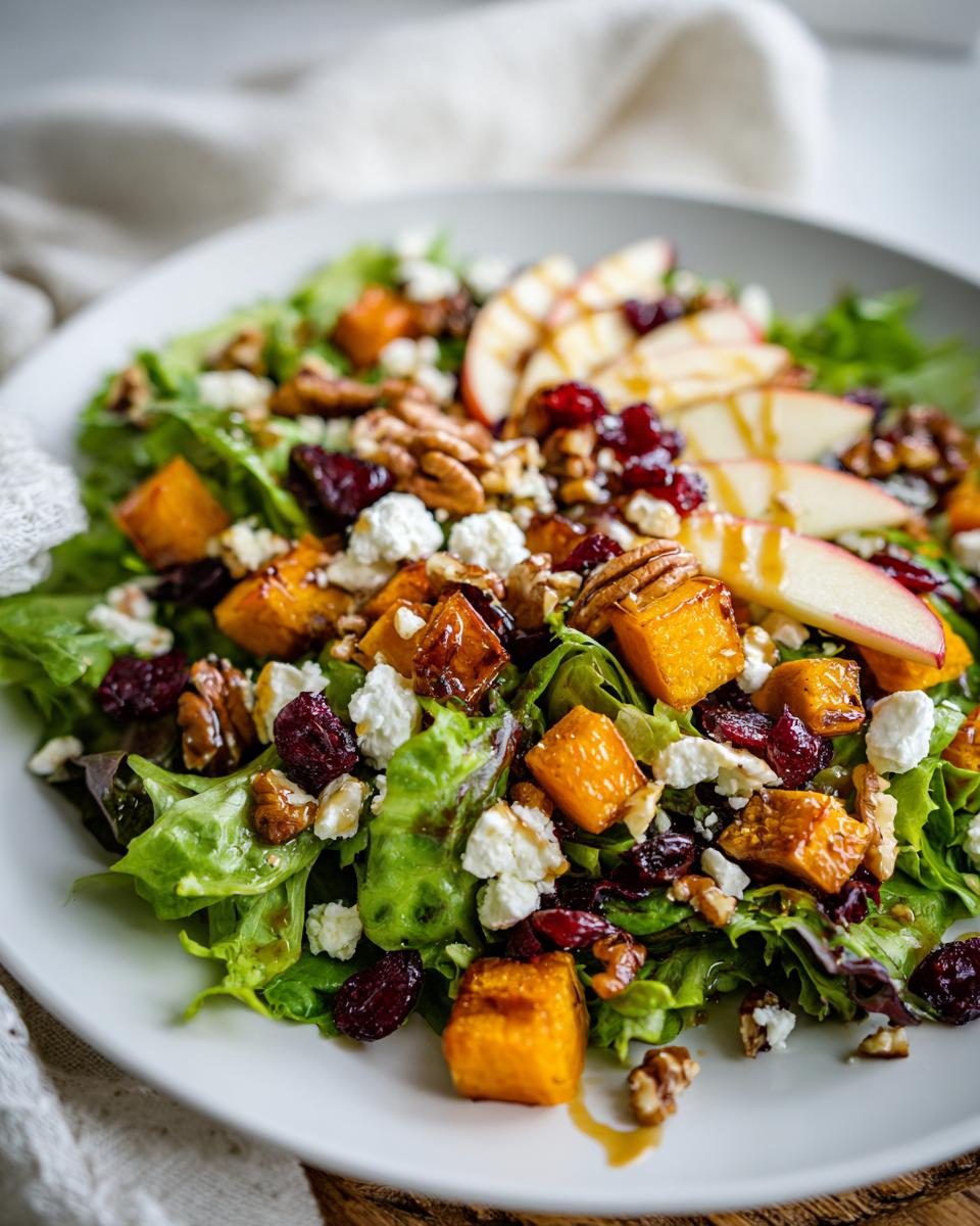 A vibrant Fall Harvest Salad with butternut squash, apples, cranberries, pecans, and goat cheese on mixed greens.