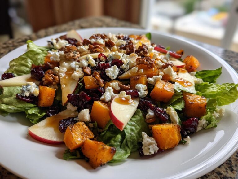 A vibrant Fall Harvest Salad featuring butternut squash, apples, cranberries, walnuts, and blue cheese on a bed of lettuce.