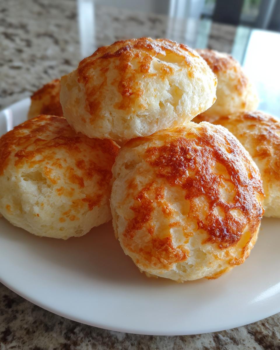 A stack of golden, fluffy cloud bread on a white plate, showcasing its light and airy texture.