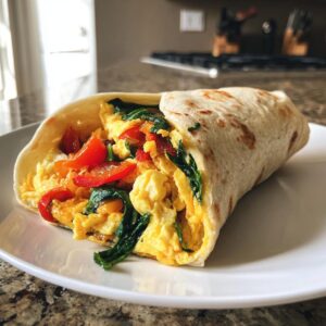 A delicious freezer breakfast burrito filled with eggs, spinach, and red peppers on a white plate.