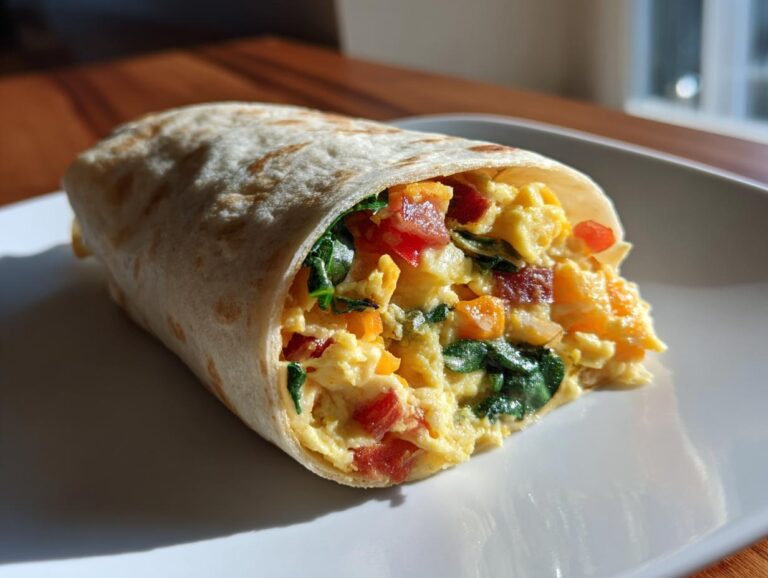 A delicious freezer breakfast burrito filled with eggs, spinach, and vegetables on a white plate.