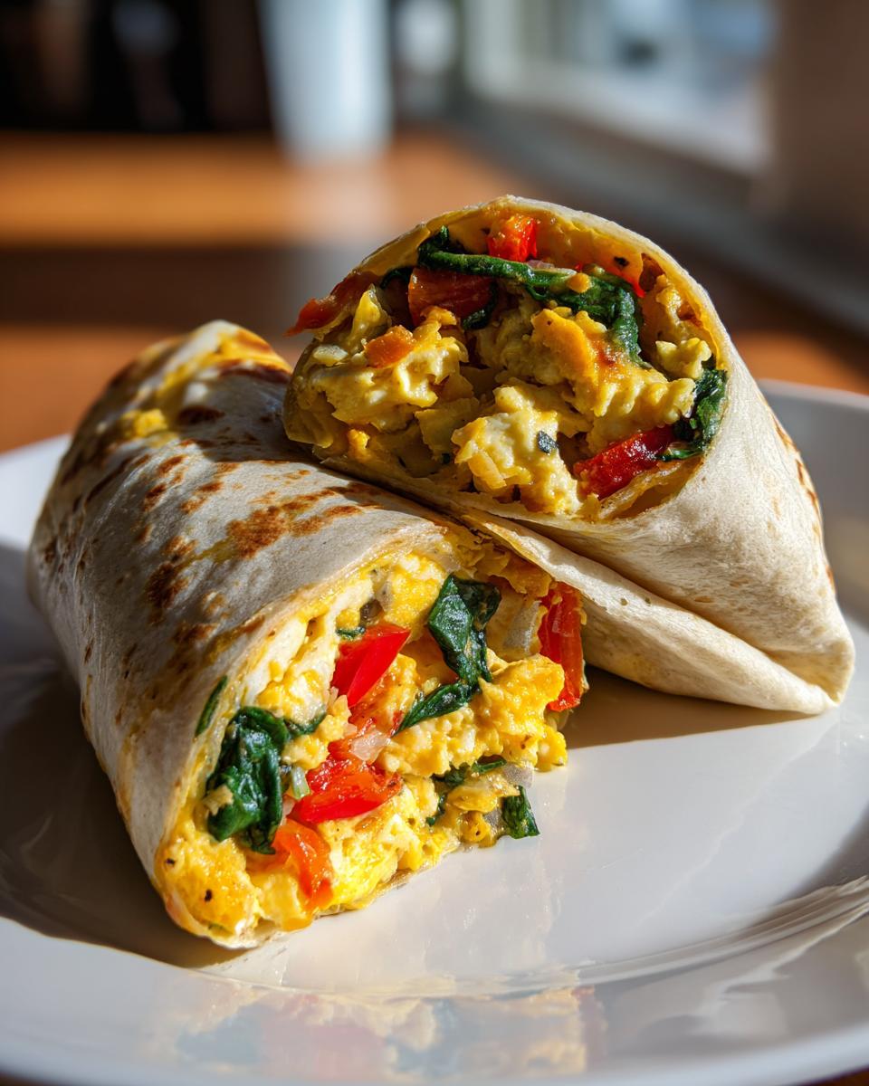 Two freezer breakfast burritos, one cut in half to show the egg, spinach, and red pepper filling.