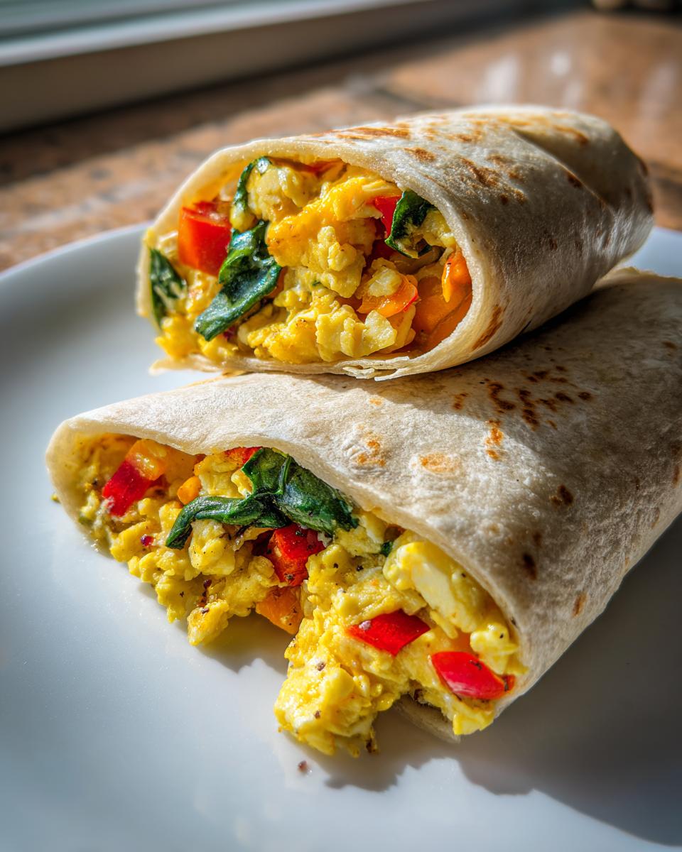 Two freezer breakfast burritos cut in half on a white plate, showing egg, spinach, and red pepper filling.