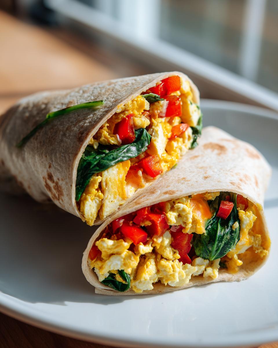 Two halves of freezer breakfast burritos filled with scrambled eggs, spinach, and red peppers on a white plate.