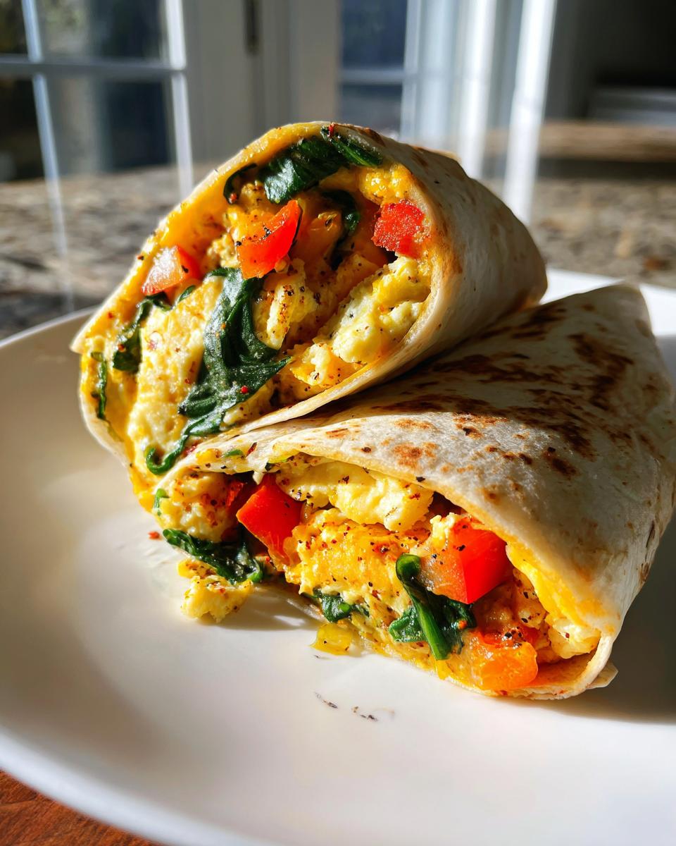 Two halves of a freezer breakfast burrito showing eggs, spinach, and red peppers.