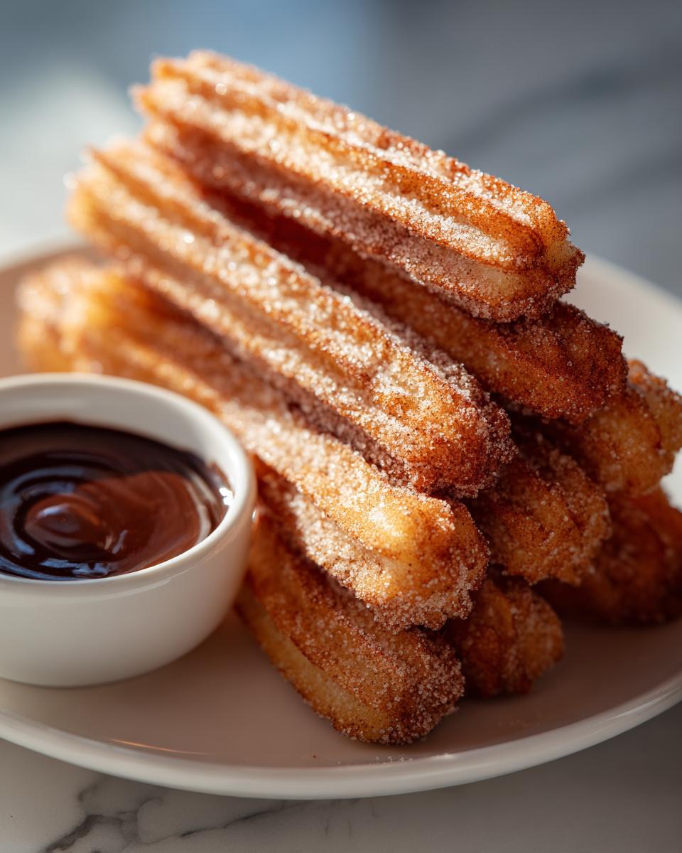 A stack of freshly made churros coated in sugar, served with a side of rich chocolate sauce. Perfect Churros!