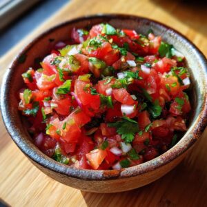 Close-up of a rustic bowl filled with vibrant, freshly made tomato salsa with cilantro and onions.