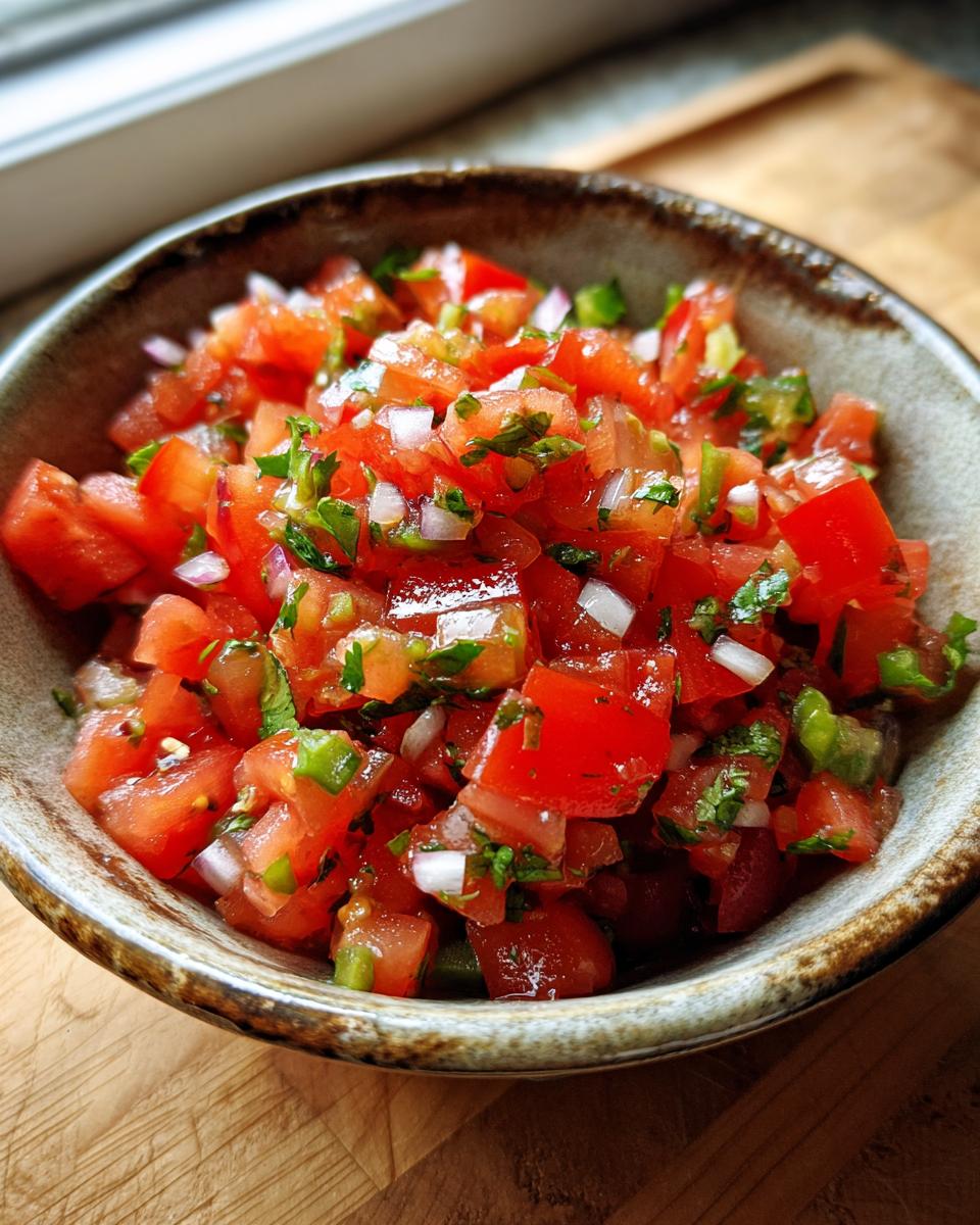 Close-up of a bowl filled with vibrant fresh tomato salsa, featuring diced tomatoes, onions, and cilantro.