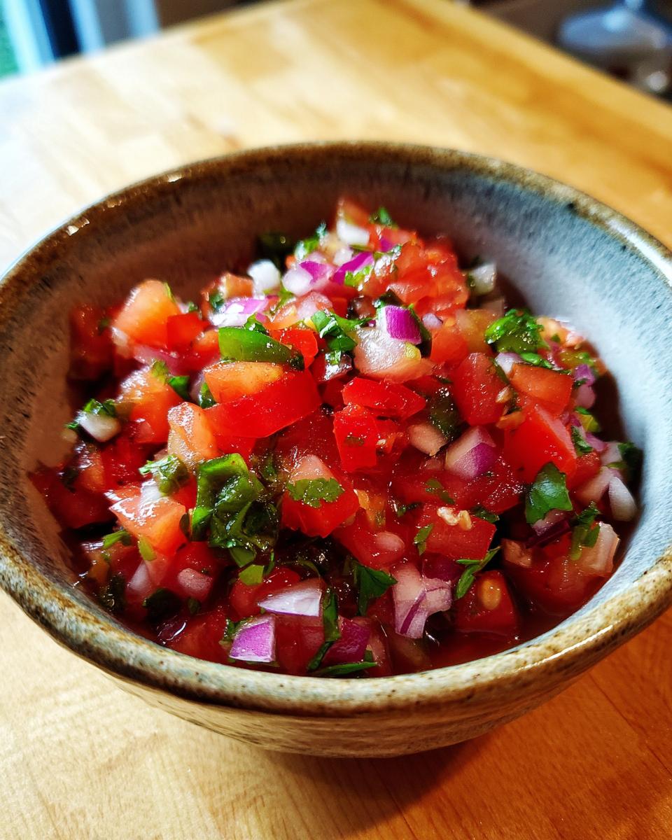 Close-up of a bowl filled with vibrant fresh tomato salsa, featuring diced tomatoes, onions, and herbs.
