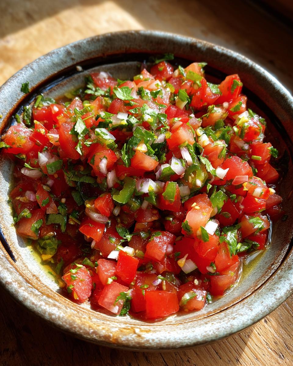 Close-up of a bowl of fresh tomato salsa, with diced tomatoes, onions, cilantro, and peppers.