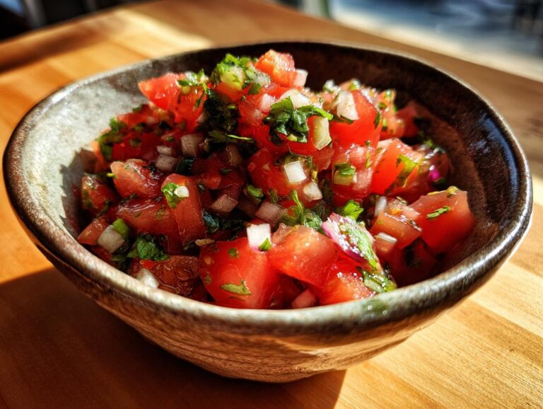 A bowl of vibrant fresh tomato salsa with diced tomatoes, onions, and herbs.