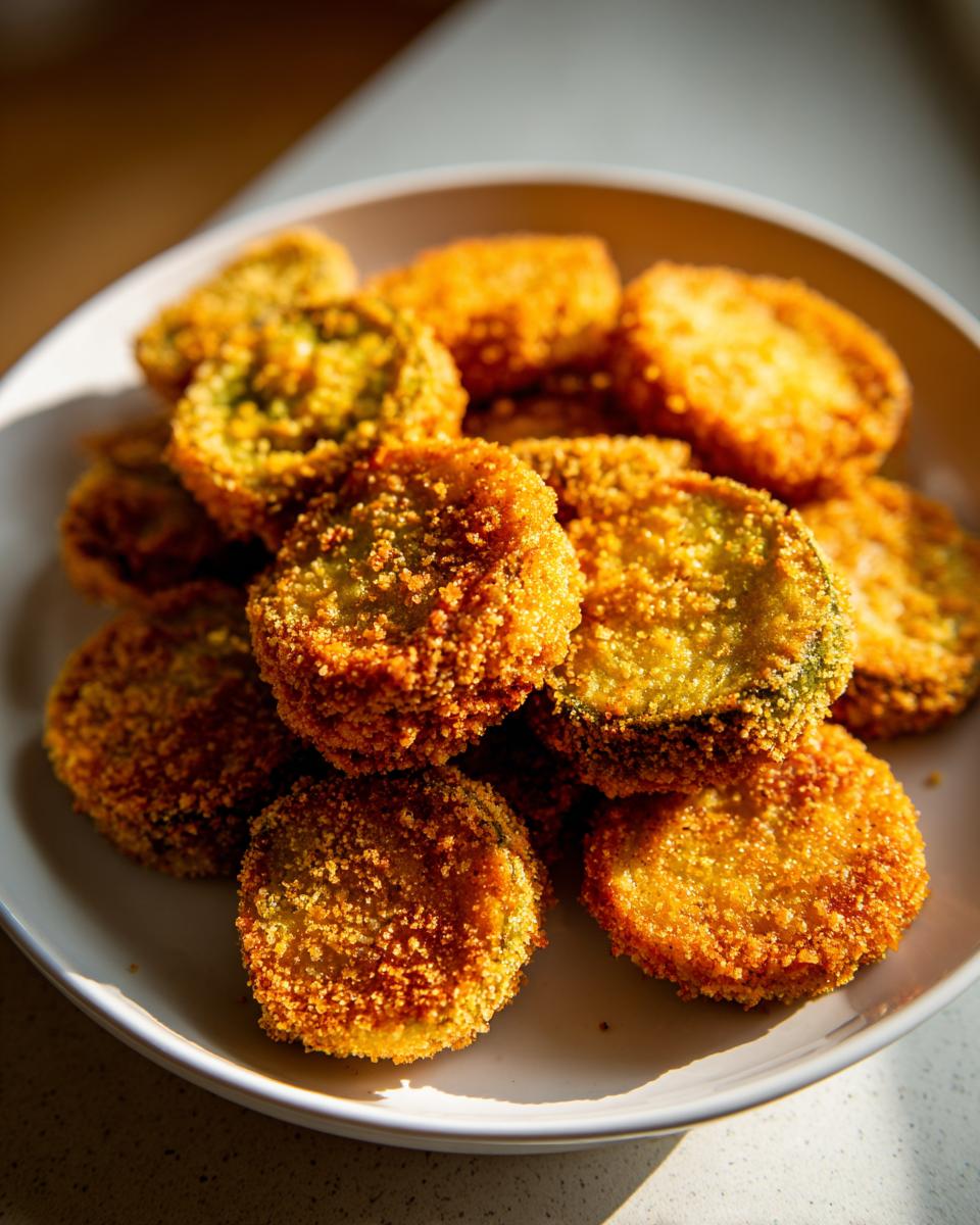 A plate piled high with golden, crispy fried green tomatoes, ready to be enjoyed.