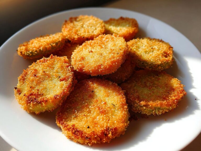 A plate of golden, crispy fried green tomatoes, showcasing their texture and inviting appearance.