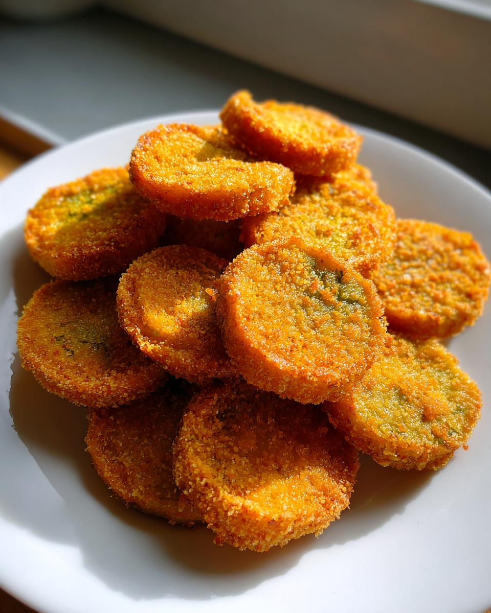 A stack of golden brown fried green tomatoes on a white plate, ready to be enjoyed.