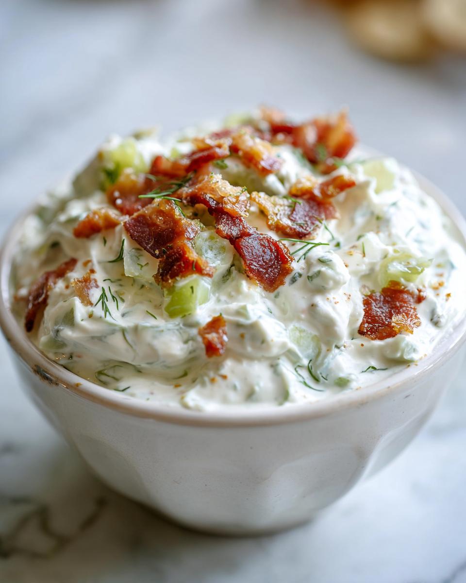 Bowl of creamy fried pickle dip topped with crispy bacon pieces and fresh dill.