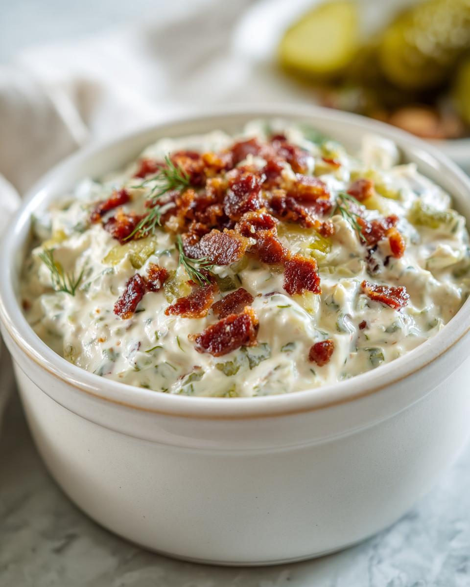 Bowl of fried pickle dip topped with crispy bacon and fresh dill, ready to serve.