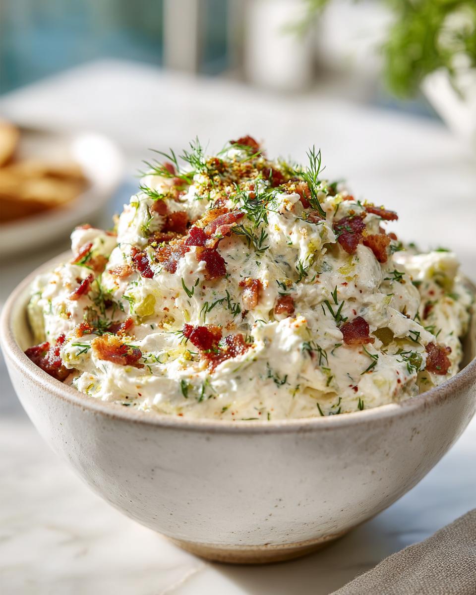 Creamy fried pickle dip in a bowl, garnished with bacon bits and fresh dill.