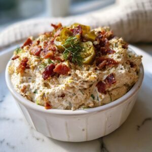 Bowl of creamy fried pickle dip topped with crispy bacon, sliced jalapeños, and fresh dill.