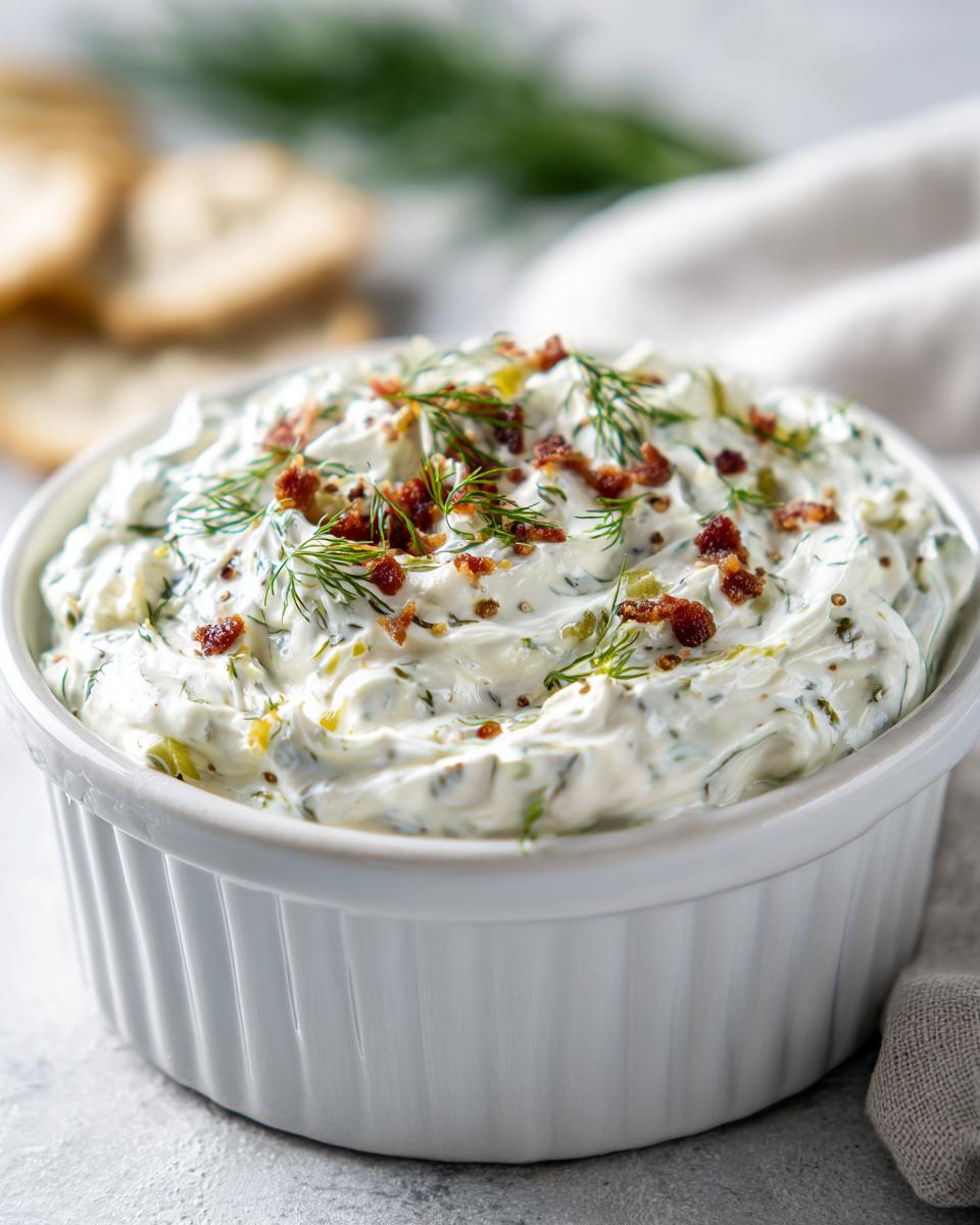 Close-up of creamy fried pickle dip in a white bowl, garnished with dill and crispy bits.