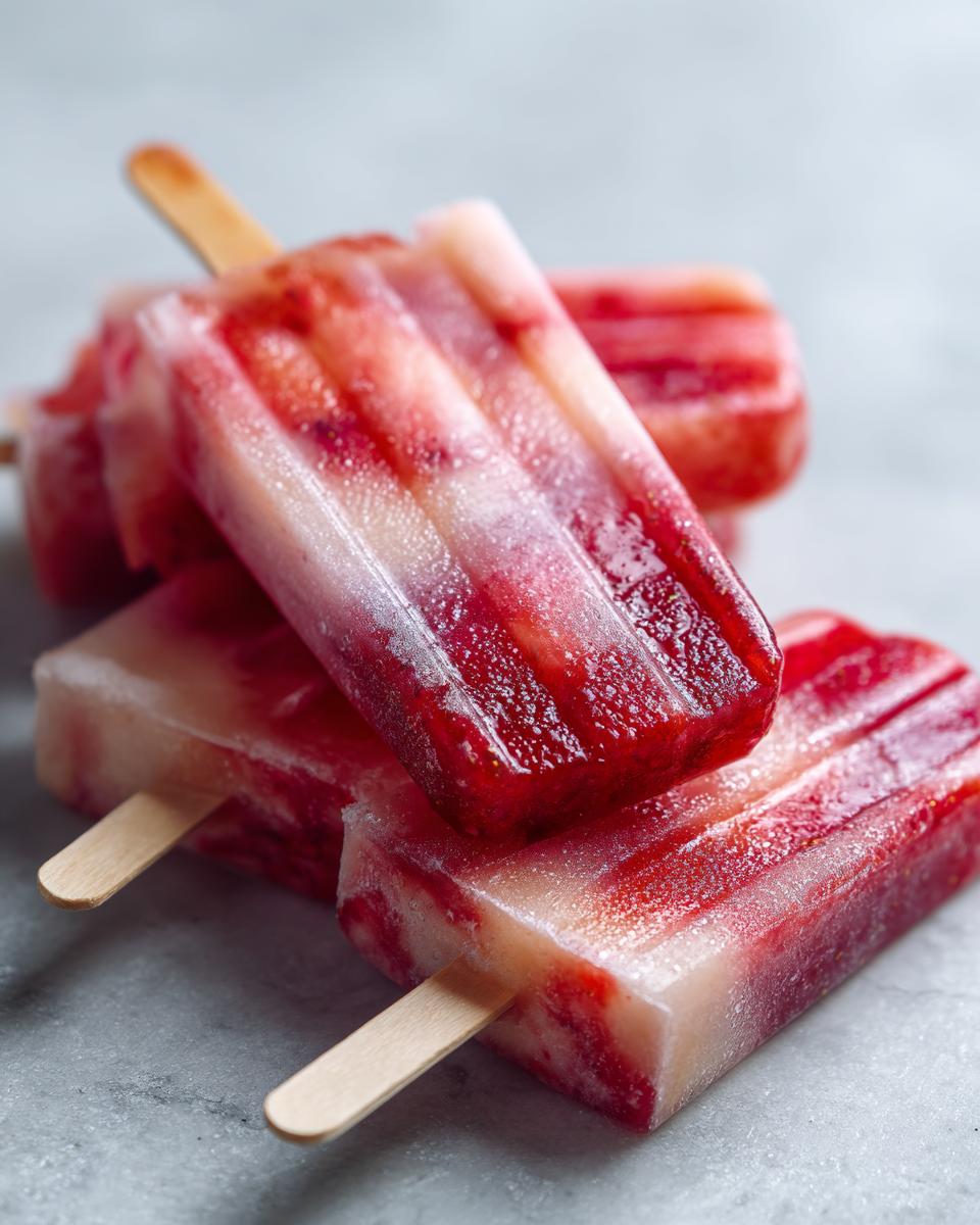 A stack of homemade Frozen margarita popsicles with red and white layers on a gray surface.