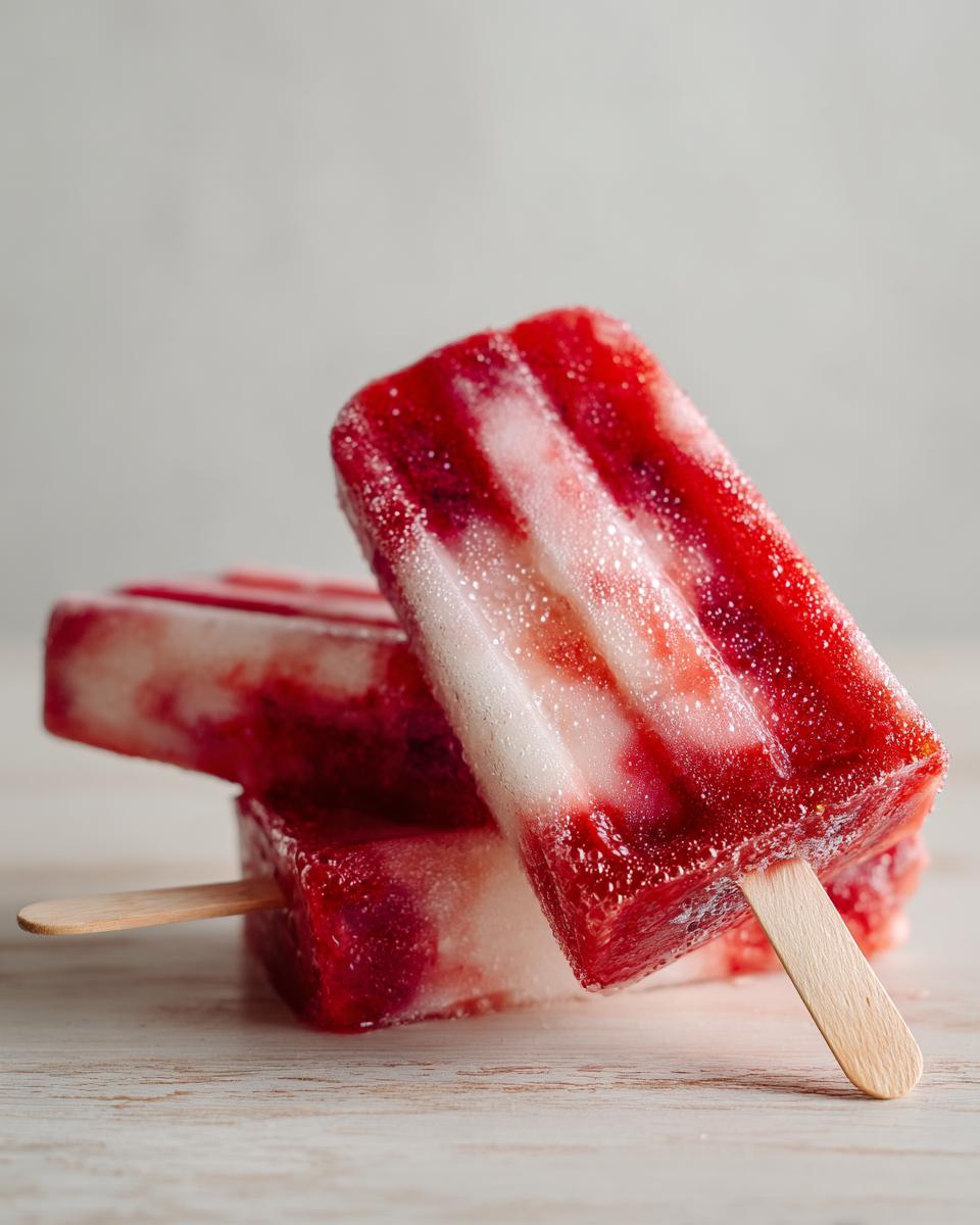 Stack of three red and white Frozen margarita popsicles with wooden sticks, ready to enjoy.