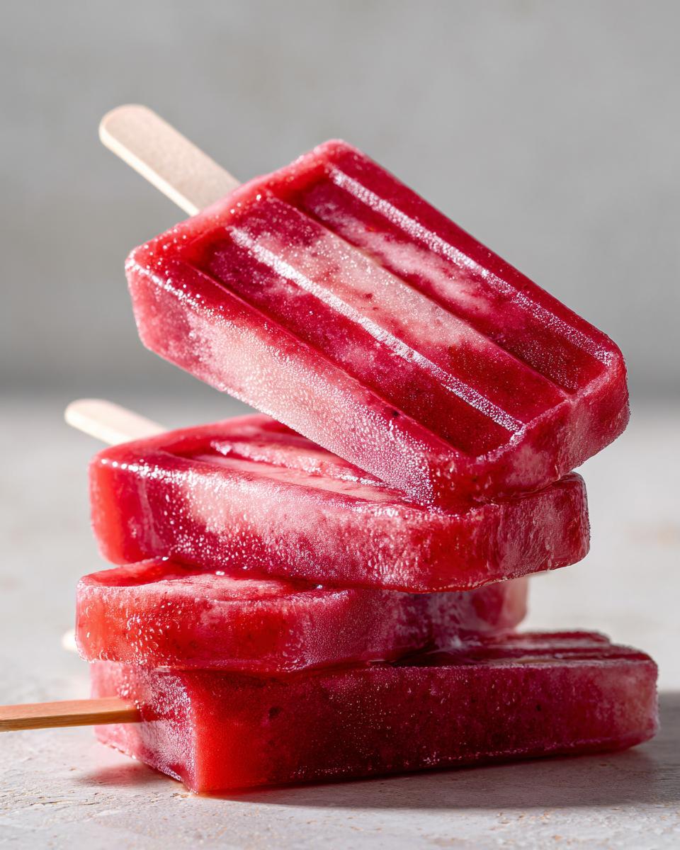 A stack of three vibrant red Frozen margarita popsicles on a neutral surface.