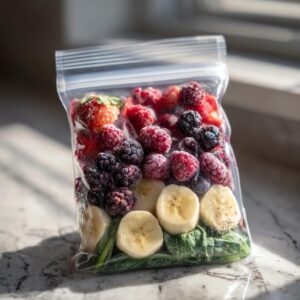 A clear bag filled with ingredients for frozen smoothie packs: strawberries, raspberries, blackberries, banana, and spinach.
