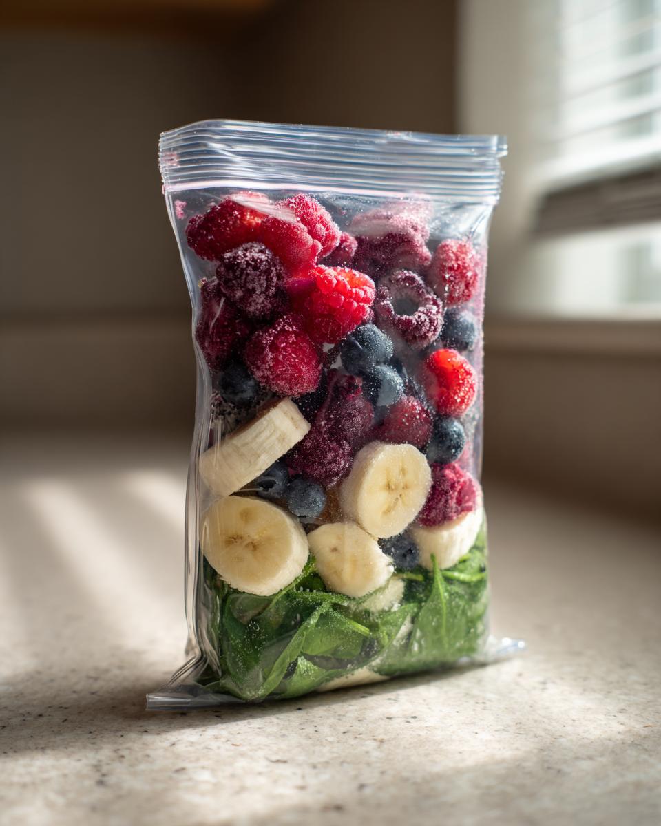 A clear bag filled with ingredients for frozen smoothie packs: spinach, banana slices, blueberries, and raspberries.