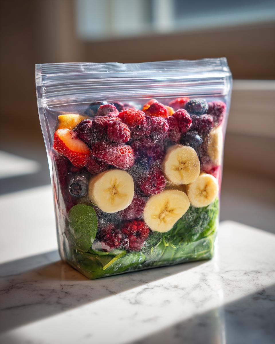 A clear bag filled with ingredients for frozen smoothie packs: spinach, berries, banana, and mango.
