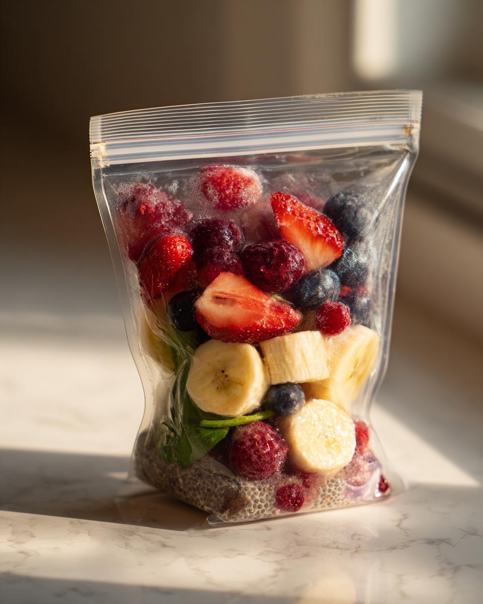 A clear bag filled with ingredients for frozen smoothie packs: strawberries, blueberries, banana, raspberries, spinach, and chia seeds.