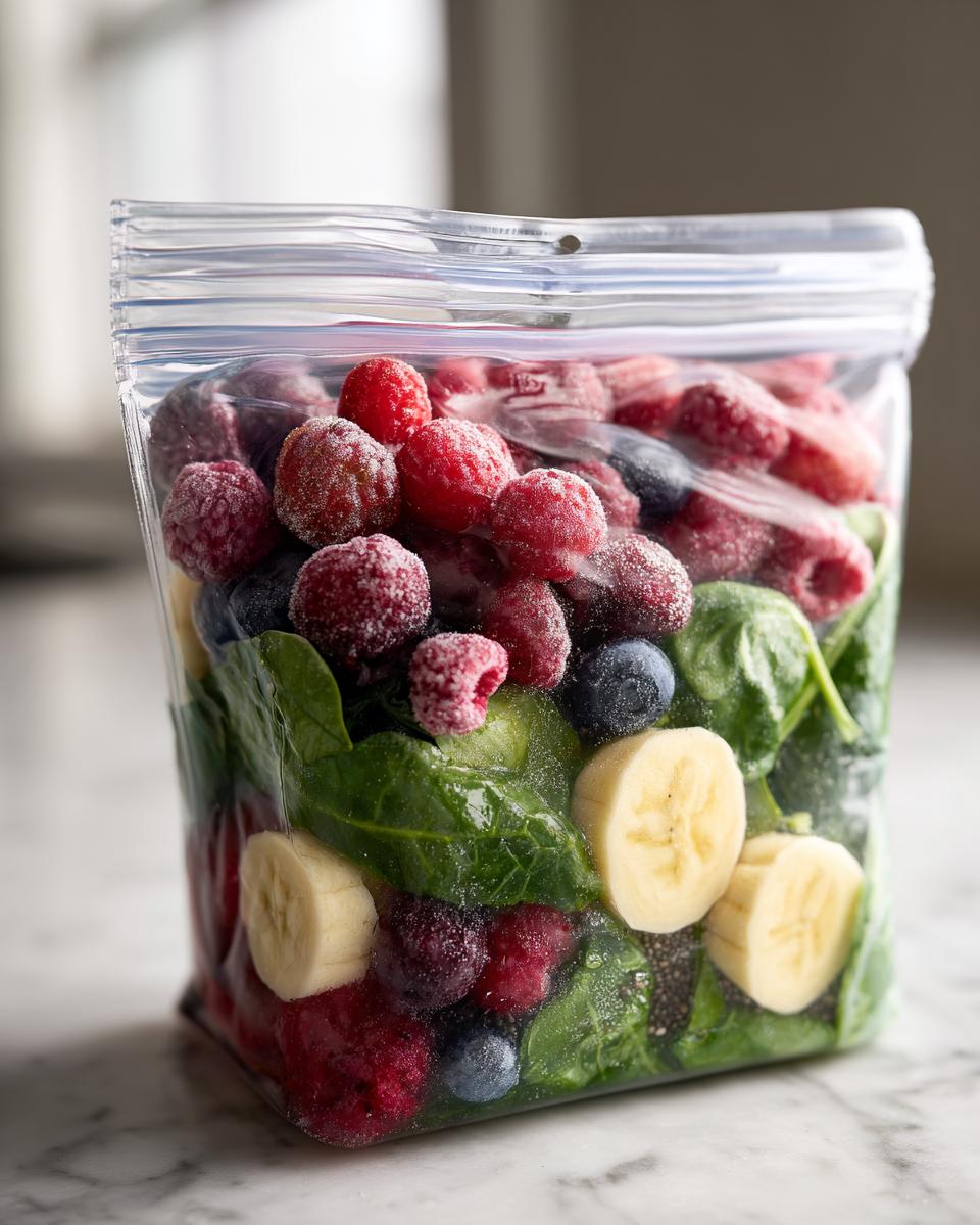 A clear bag filled with ingredients for frozen smoothie packs: raspberries, blueberries, spinach, and banana.