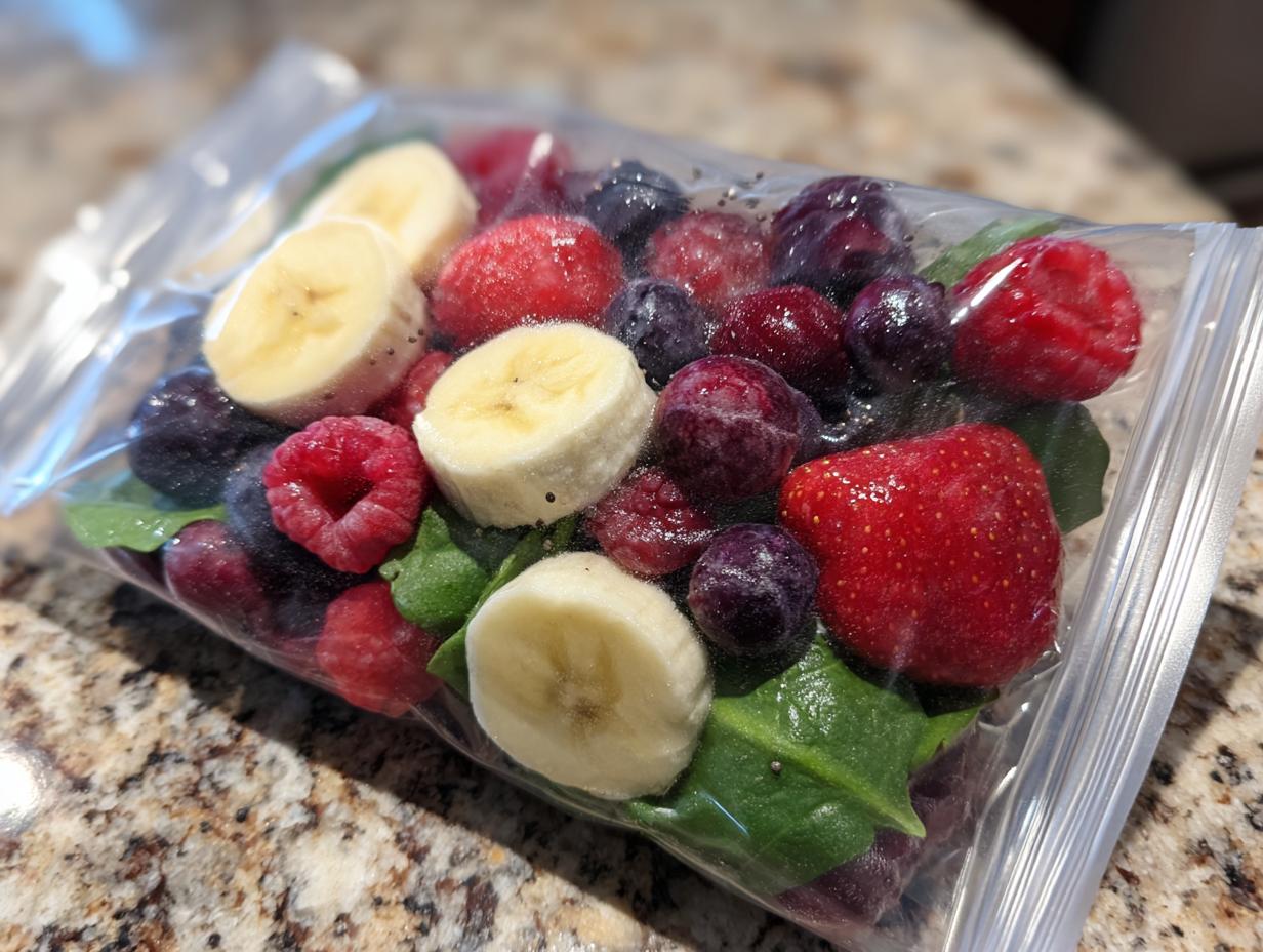 A clear bag filled with pre-portioned frozen smoothie packs, including bananas, strawberries, raspberries, blueberries, and spinach.