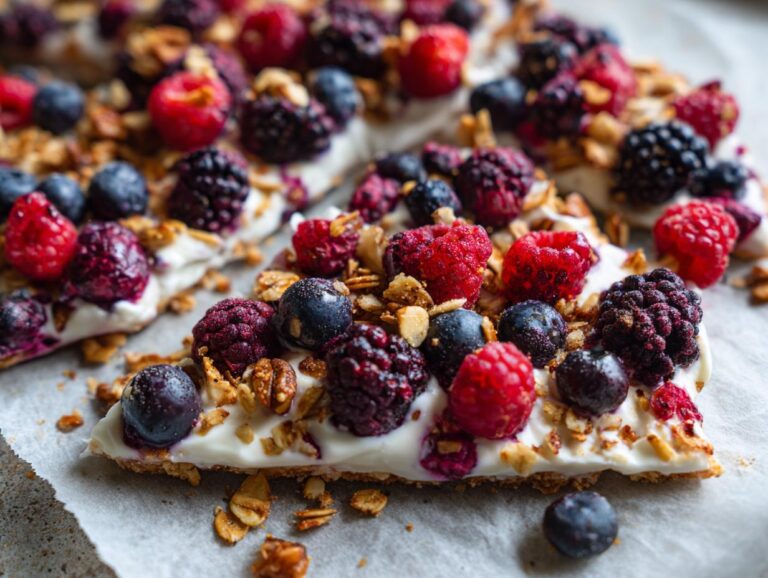 A close-up of frozen yogurt berry bark with raspberries, blueberries, blackberries, and granola.