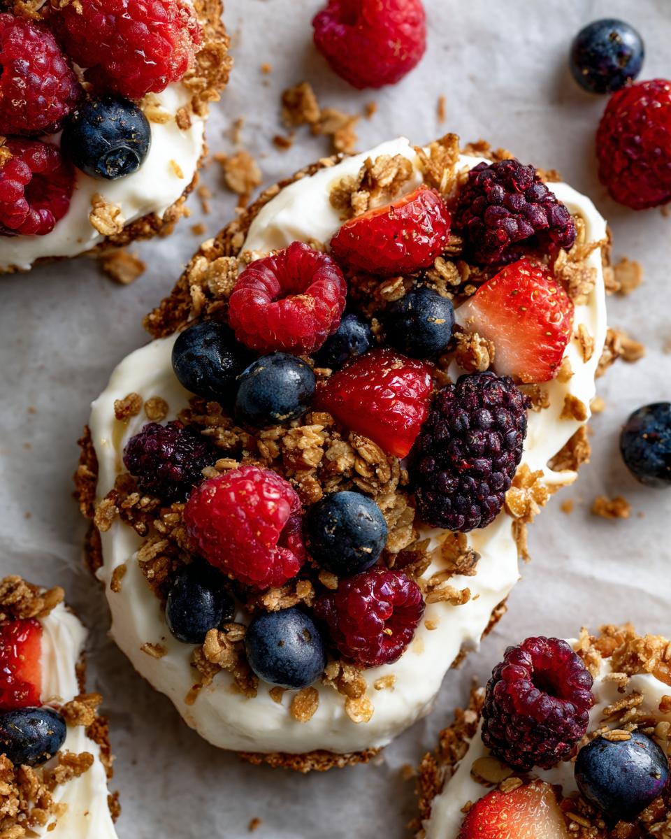 Overhead shot of frozen yogurt berry bark pieces topped with granola, raspberries, blueberries, and blackberries.