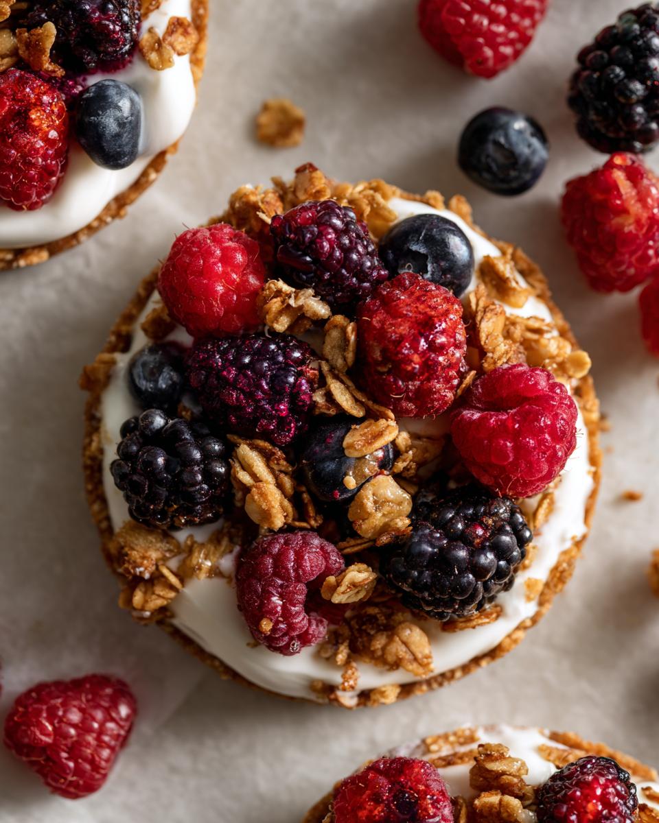 Overhead view of frozen yogurt berry bark topped with raspberries, blackberries, blueberries, and granola.