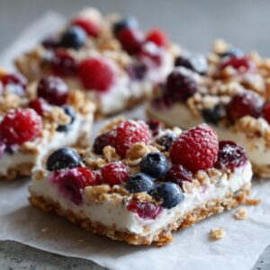 Close-up of frozen yogurt berry bark pieces with raspberries, blueberries, and granola topping.