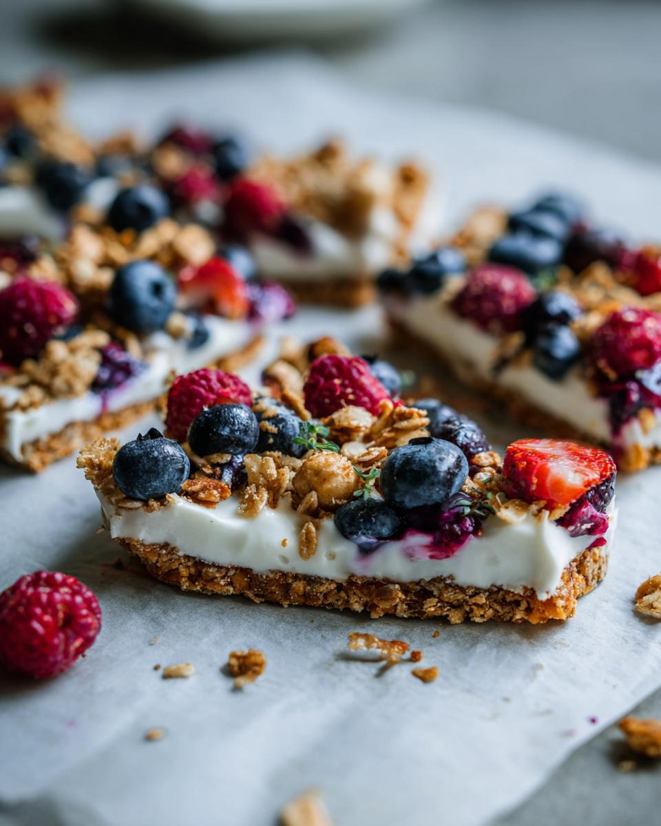 Close-up of sliced frozen yogurt berry bark with granola, blueberries, raspberries, and strawberries.