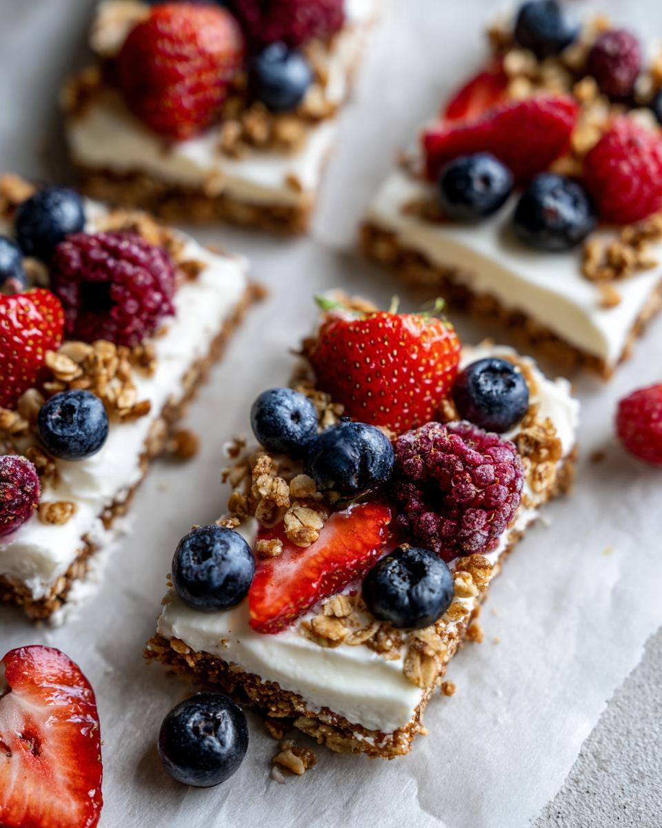 Close-up of several slices of frozen yogurt berry bark, topped with fresh berries and granola.