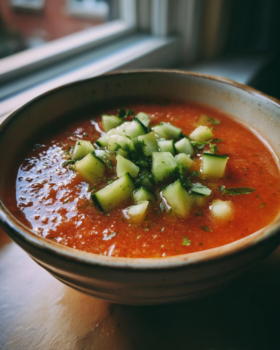 A bowl of vibrant Gazpacho soup, topped with diced cucumber and herbs, ready to enjoy.