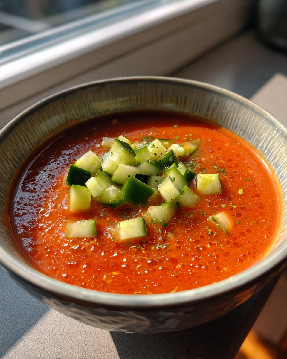 A bowl of vibrant Gazpacho soup, topped with diced cucumber and herbs, ready to be enjoyed.