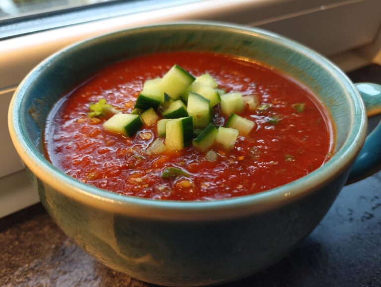 Close-up of a bowl of vibrant Gazpacho soup, garnished with diced cucumbers.