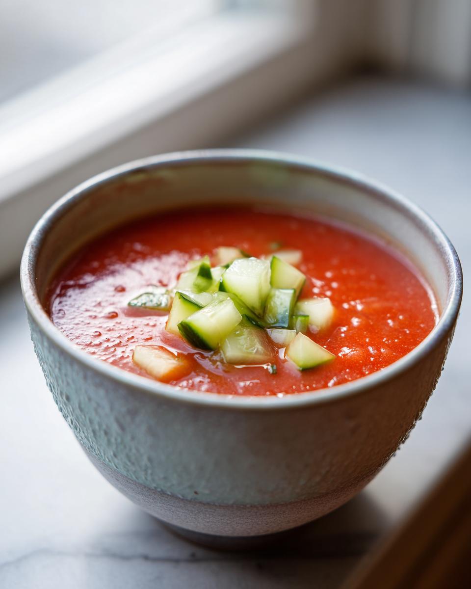 Close-up of a bowl of vibrant red Gazpacho soup, topped with diced cucumbers.