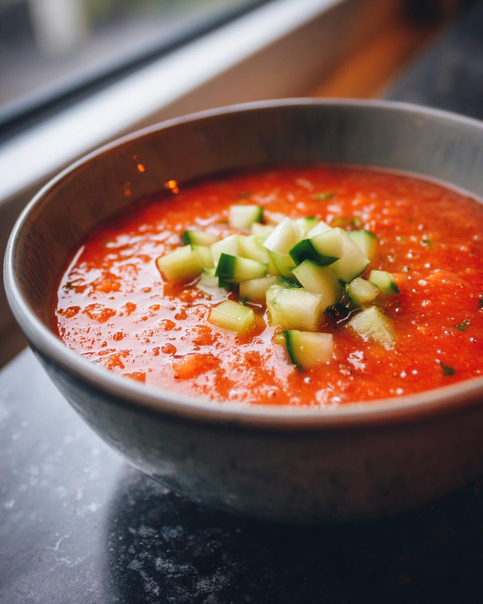 Bowl of vibrant red Gazpacho soup topped with diced cucumbers, ready to enjoy.