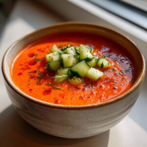 Bowl of vibrant gazpacho soup topped with diced cucumber and herbs, ready to eat.