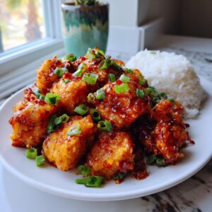 A plate of crispy General Tso’s Tofu garnished with green onions, served with a side of white rice.