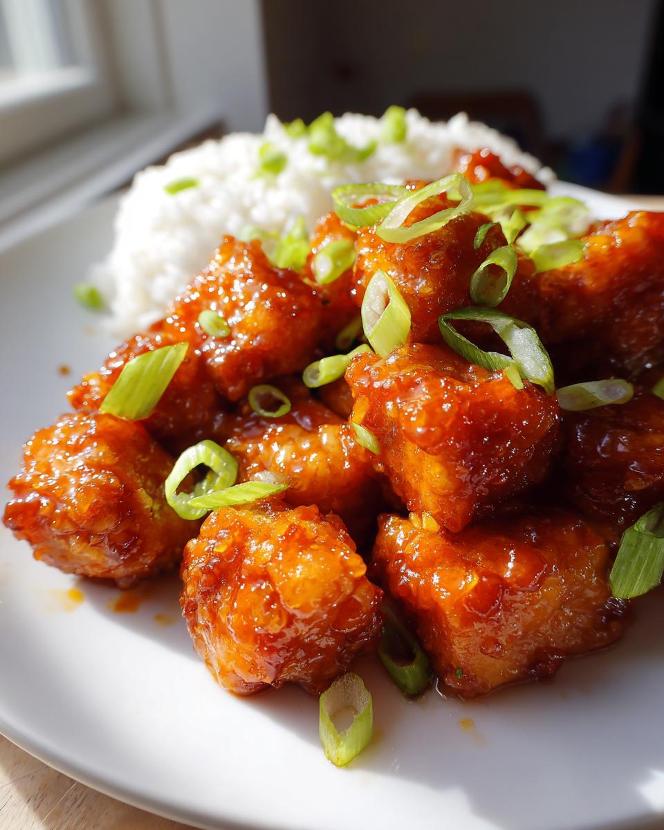 Close-up of crispy General Tso’s Tofu served with white rice and garnished with green onions.