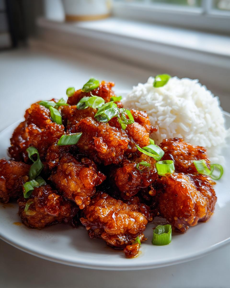 A plate of crispy General Tso’s Tofu served with a side of white rice and garnished with green onions.